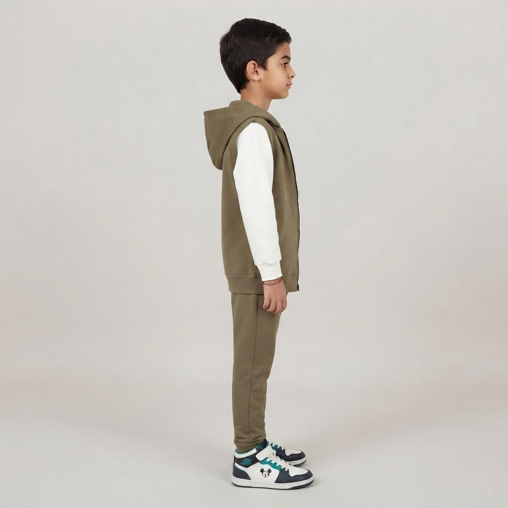 Kids Mickey Mouse 3-Piece Fleece Vest & Tracksuit Set | Boys Olive Green & White Disney Outfit