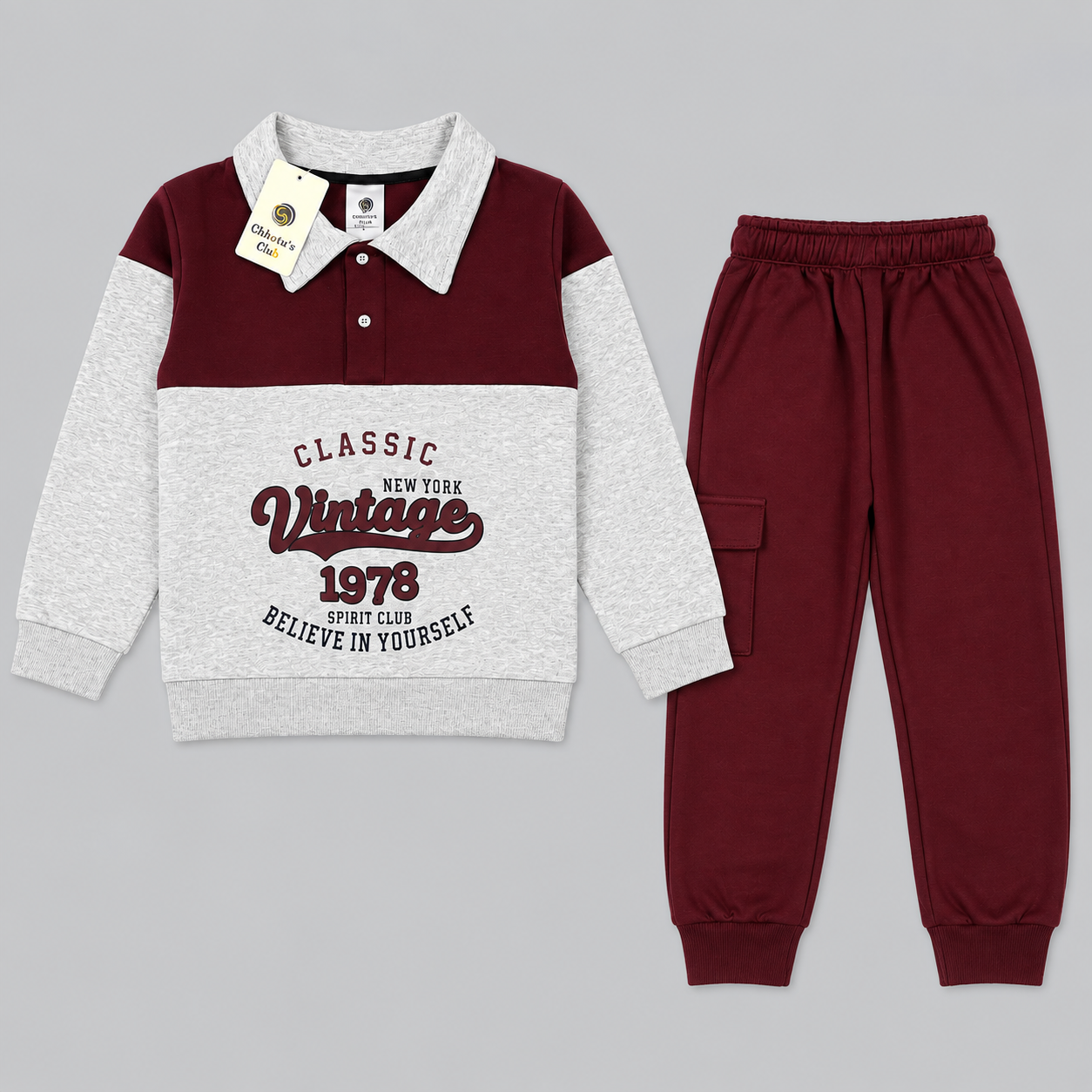 Kids "Classic Vintage 1978" Polo Tracksuit | Boys Maroon & Grey Fleece Outfit