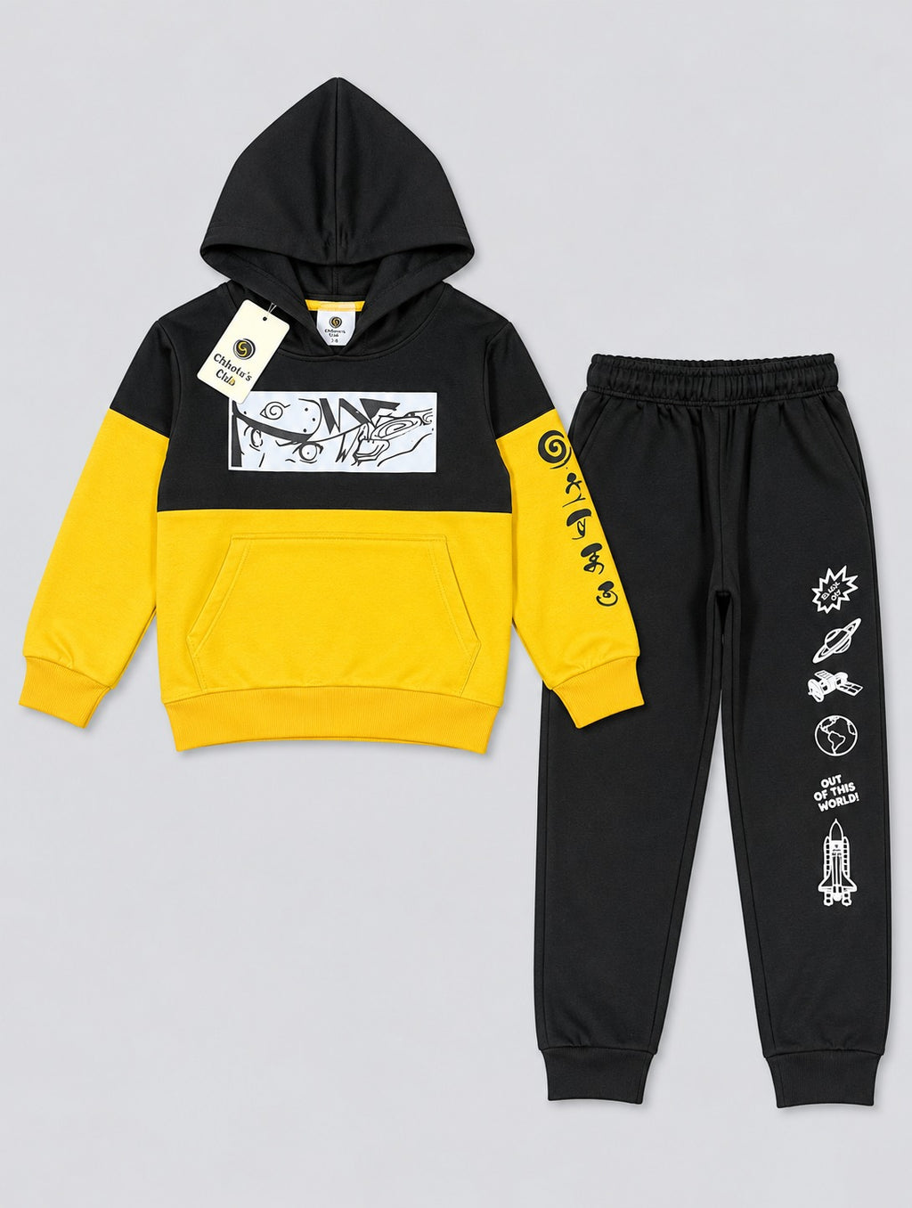 Chhotu's Club "Out of This World" Black & Yellow Kids Hoodie Set | Space Print Tracksuit