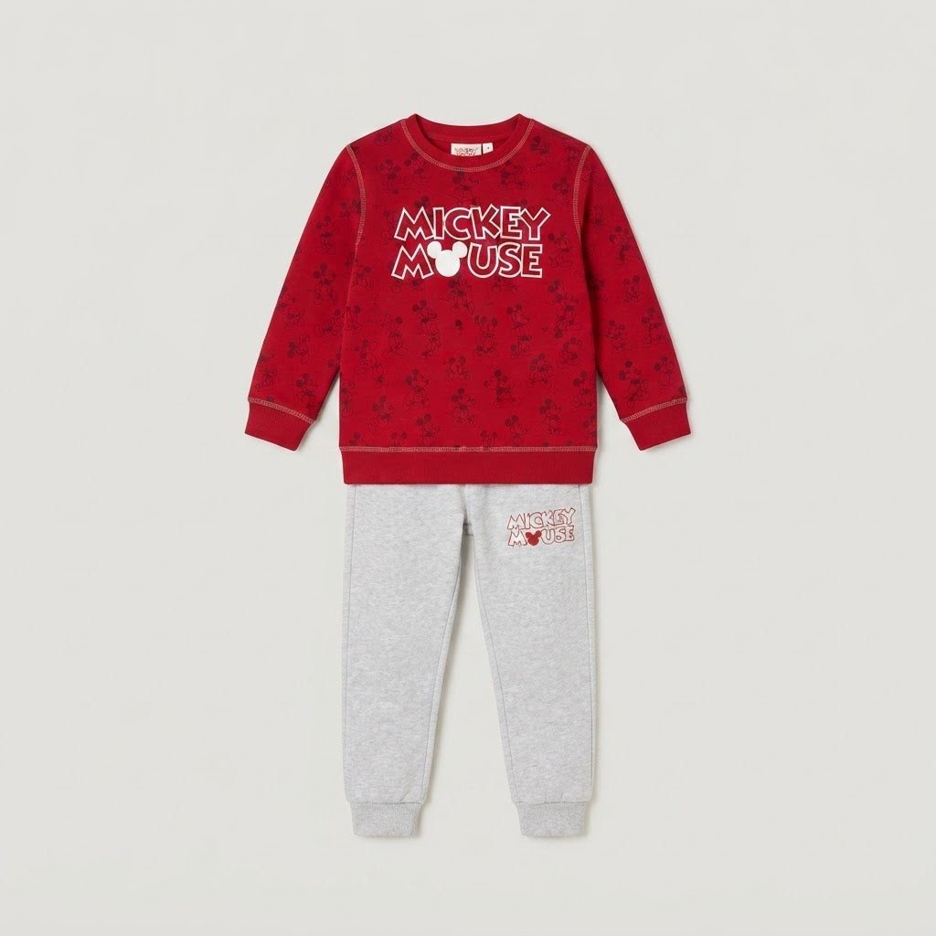 Kids Mickey Mouse All-Over Print Sweatshirt & Jogger Set | Boys Red & Grey Disney Tracksuit