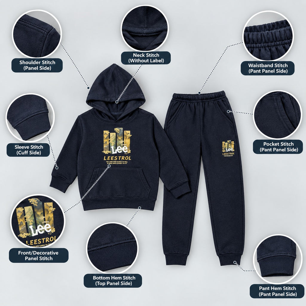 Kids Navy Blue Hooded Sweatshirt & Jogger Set – Printed Tracksuit