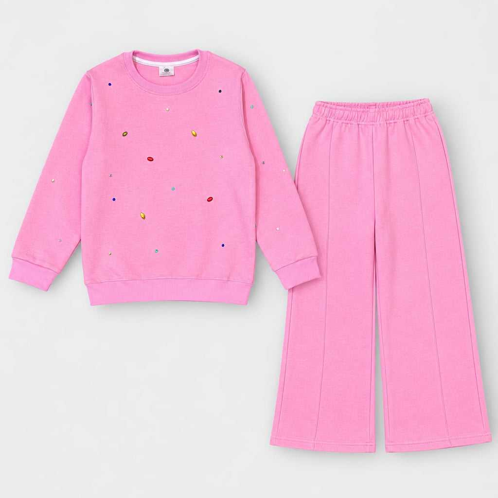 Stylish Girls Rhinestone-Embellished Fleece Tracksuit