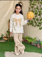 Girls Bow Detail Sweatshirt & Wide-Leg Pants Set – White & Beige