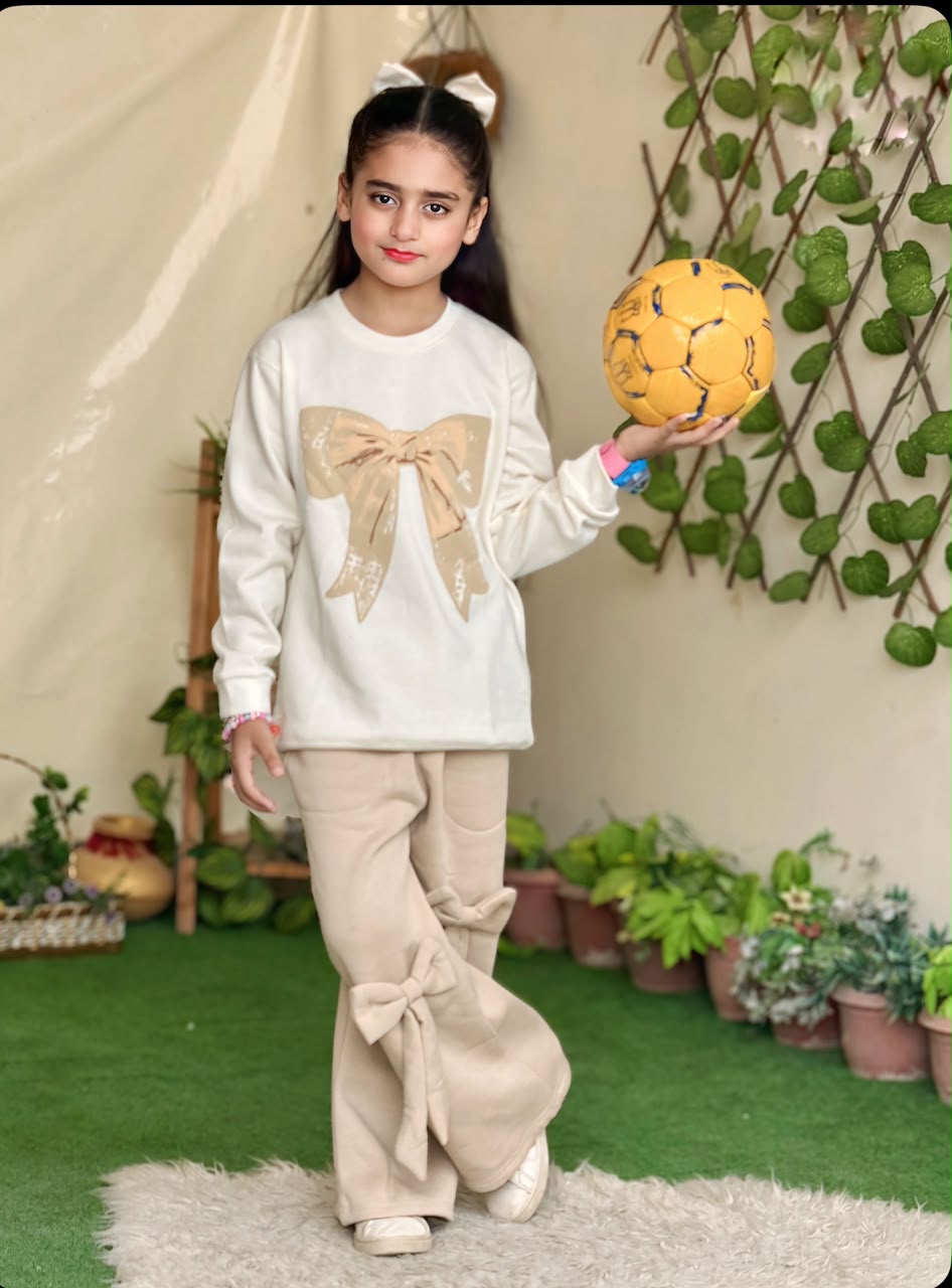 Girls Bow Detail Sweatshirt & Wide-Leg Pants Set – White & Beige