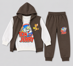 Kids "Tom and Jerry" 3-Piece Fleece Vest & Tracksuit Set | Boys Brown & Off-White Cartoon Outfit