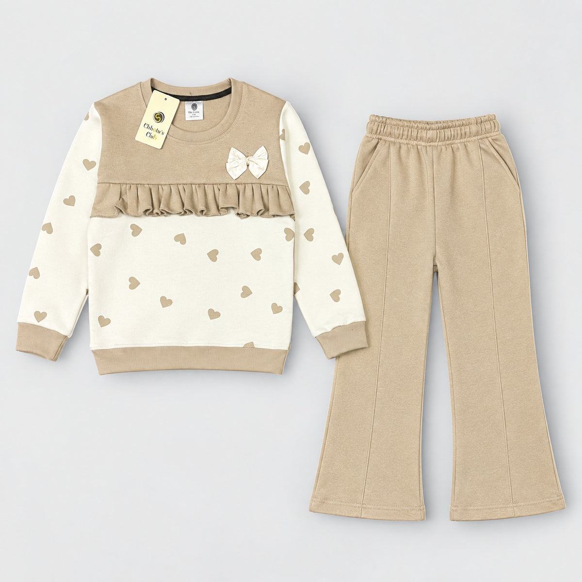 Girls Beige Heart Print Frill Top & Flared Pants 2-Piece Set
