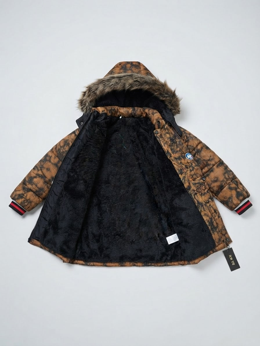 Kids Brown Tie-Dye Faux Fur-Lined Winter Puffer Jacket | Boys Hooded Coat with Fur Trim