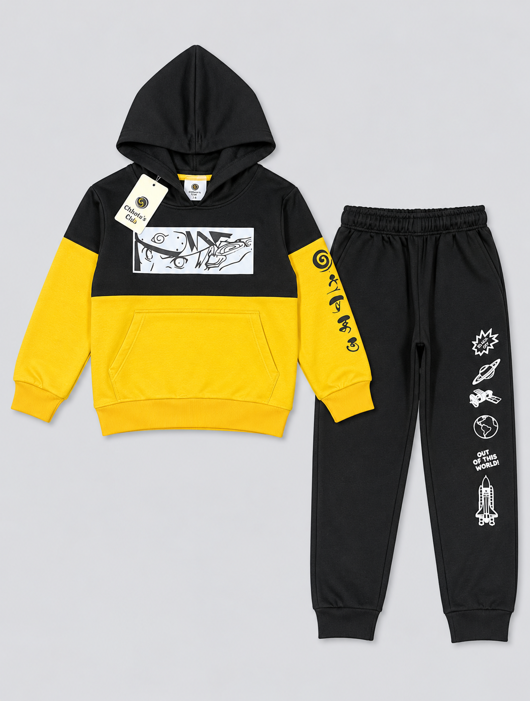 Chhotu's Club "Out of This World" Black & Yellow Kids Hoodie Set | Space Print Tracksuit