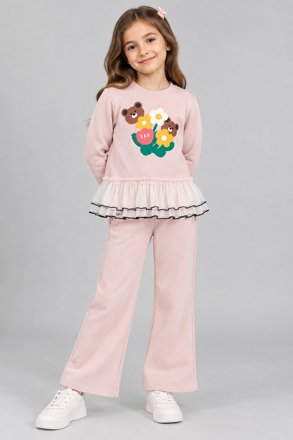 Girls Blossom Bear Ruffle Top & Wide-Leg Pants Set