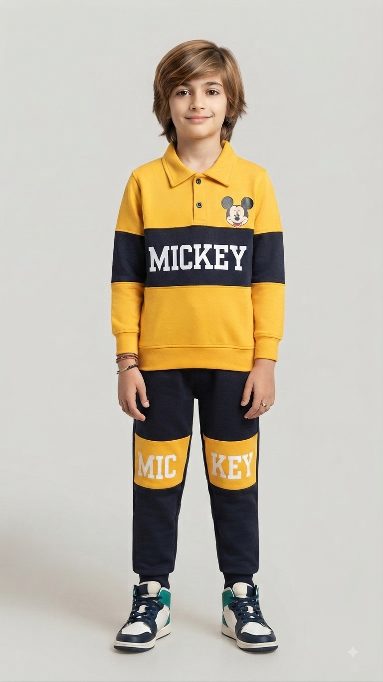 Kids Mickey Mouse Polo Tracksuit | Boys Yellow & Navy Disney Fleece Outfit