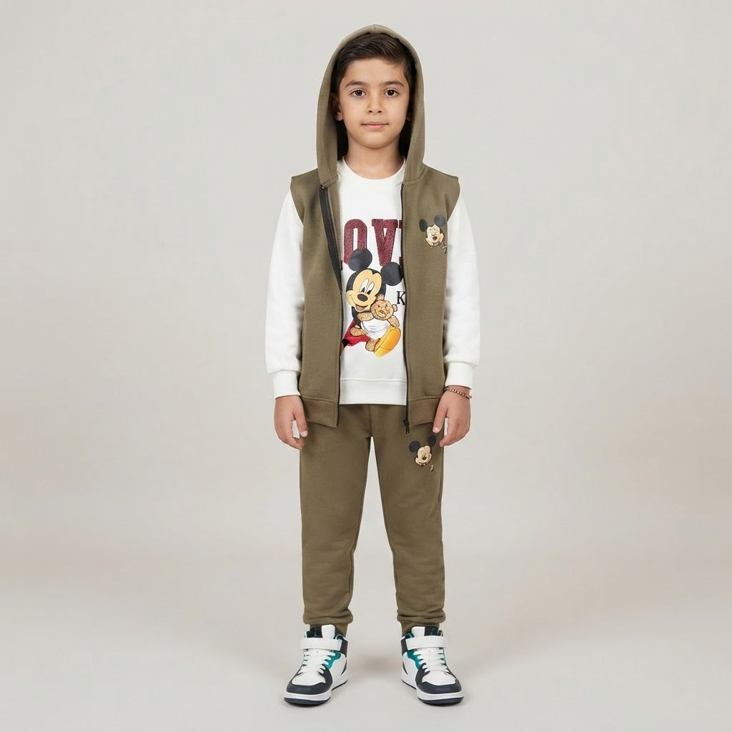Kids Mickey Mouse 3-Piece Fleece Vest & Tracksuit Set | Boys Olive Green & White Disney Outfit