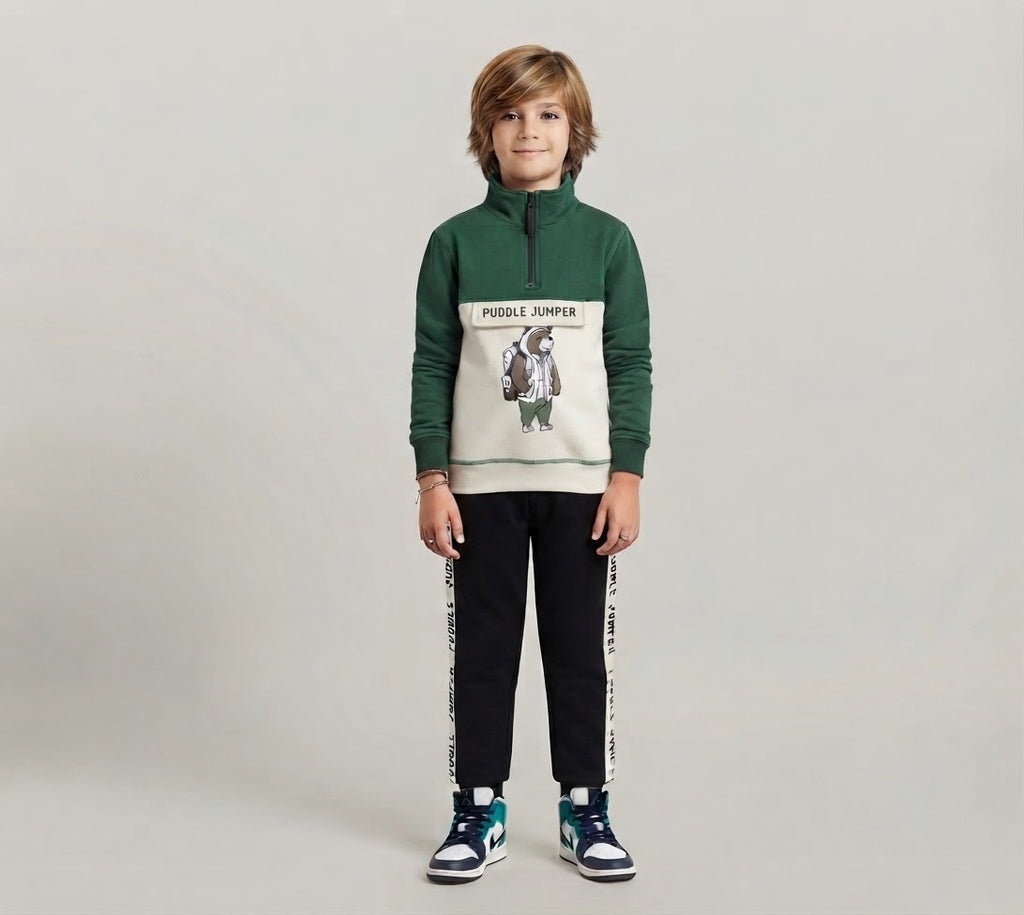 Kids "Puddle Jumper" Half-Zip Tracksuit | Boys Green & Black Bear Outfit
