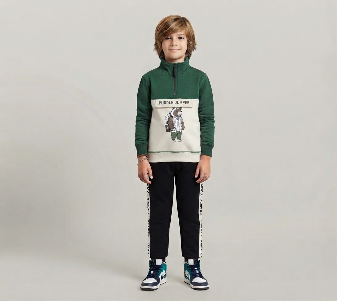 Kids "Puddle Jumper" Half-Zip Tracksuit | Boys Green & Black Bear Outfit