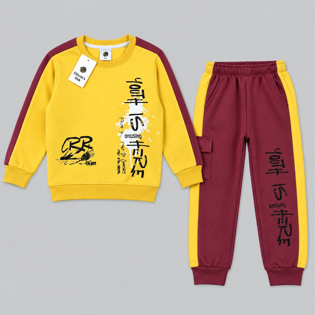 Kids "Youth Is Here" Mustard & Maroon Sweatshirt & Jogger Set | Boys Streetwear Fleece Tracksuit