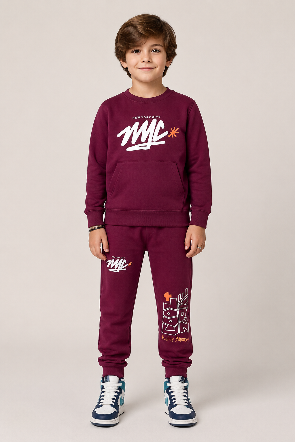 Kids "UNLIMITED" Maroon Sweatshirt & Jogger Set | Boys NYC Graphic Fleece Tracksuit