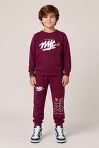Kids "UNLIMITED" Maroon Sweatshirt & Jogger Set | Boys NYC Graphic Fleece Tracksuit