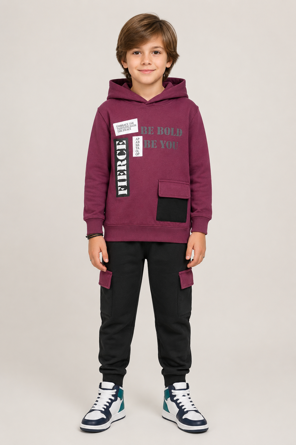 Kids "Be Bold" Maroon Hoodie & Cargo Jogger Set | Boys Stylish Winter Outfit