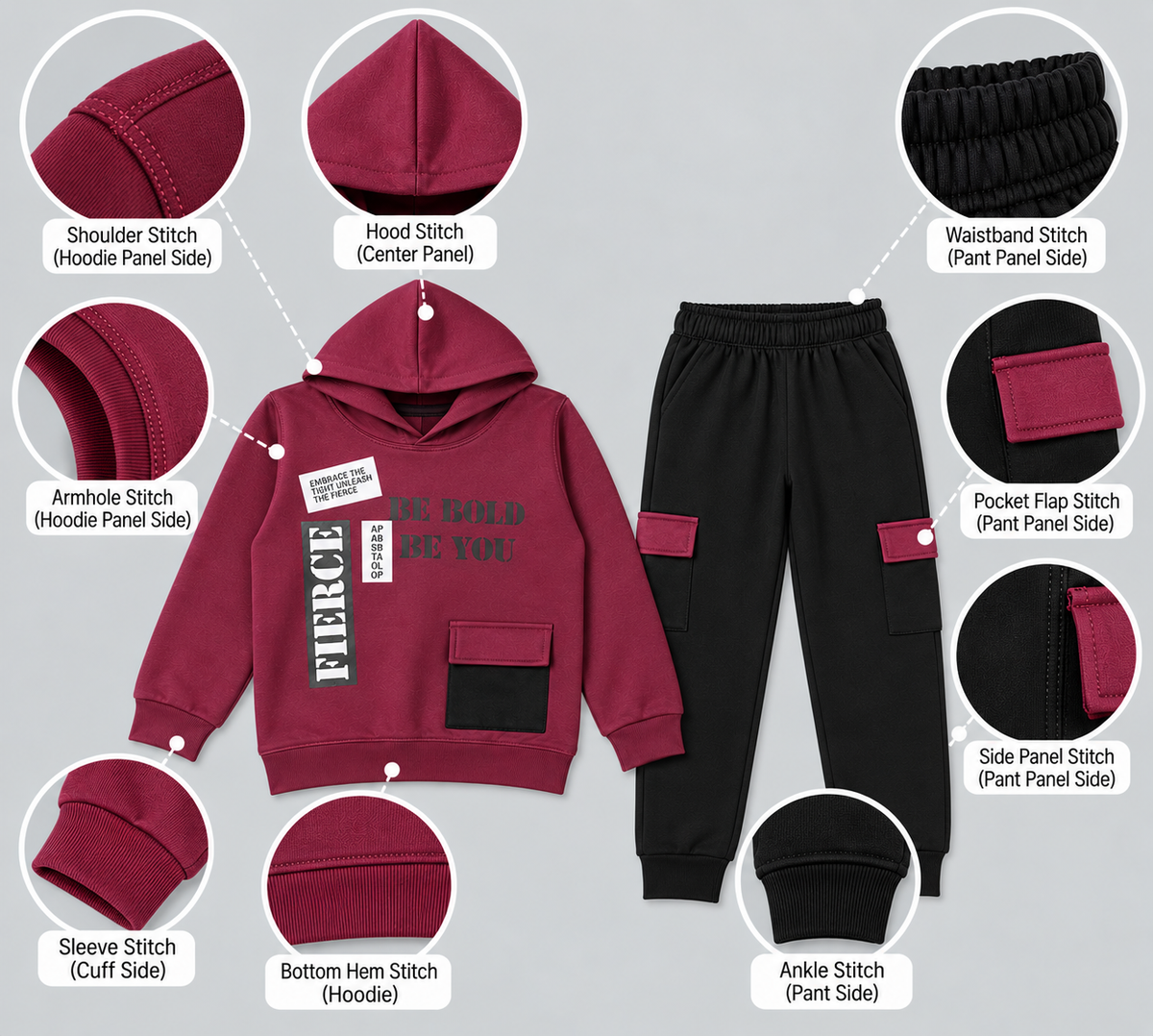 Kids "Be Bold" Maroon Hoodie & Cargo Jogger Set | Boys Stylish Winter Outfit
