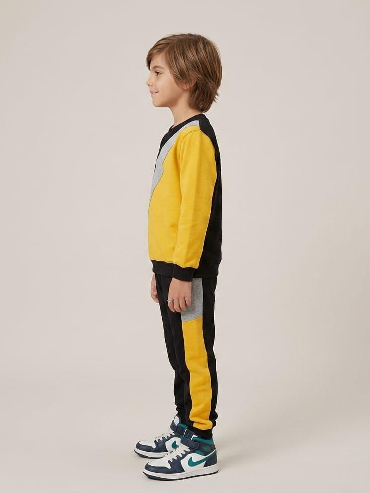 Chhotu's Club Lightning Bolt Sweatshirt & Jogger Set | Boys Black, Yellow Red & Grey Fleece Tracksuit