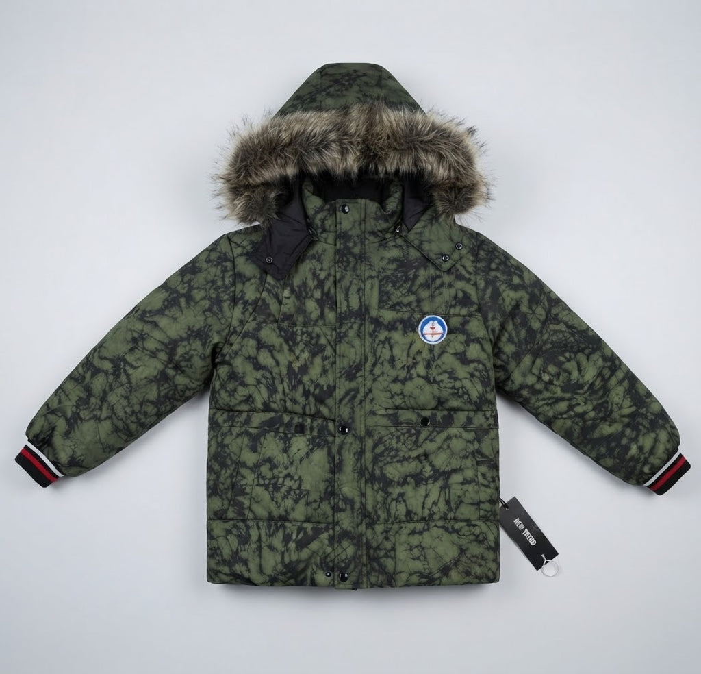 Kids Olive Green Tie-Dye Faux Fur-Lined Winter Puffer Jacket | Boys Hooded Coat with Fur Trim
