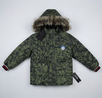 Kids Olive Green Tie-Dye Faux Fur-Lined Winter Puffer Jacket | Boys Hooded Coat with Fur Trim