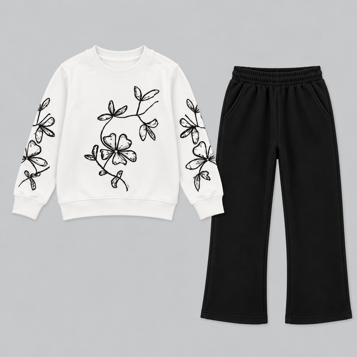 Girls Floral Embroidery White Sweatshirt & Flapper Trousers Set | Black & White Fleece Outfit