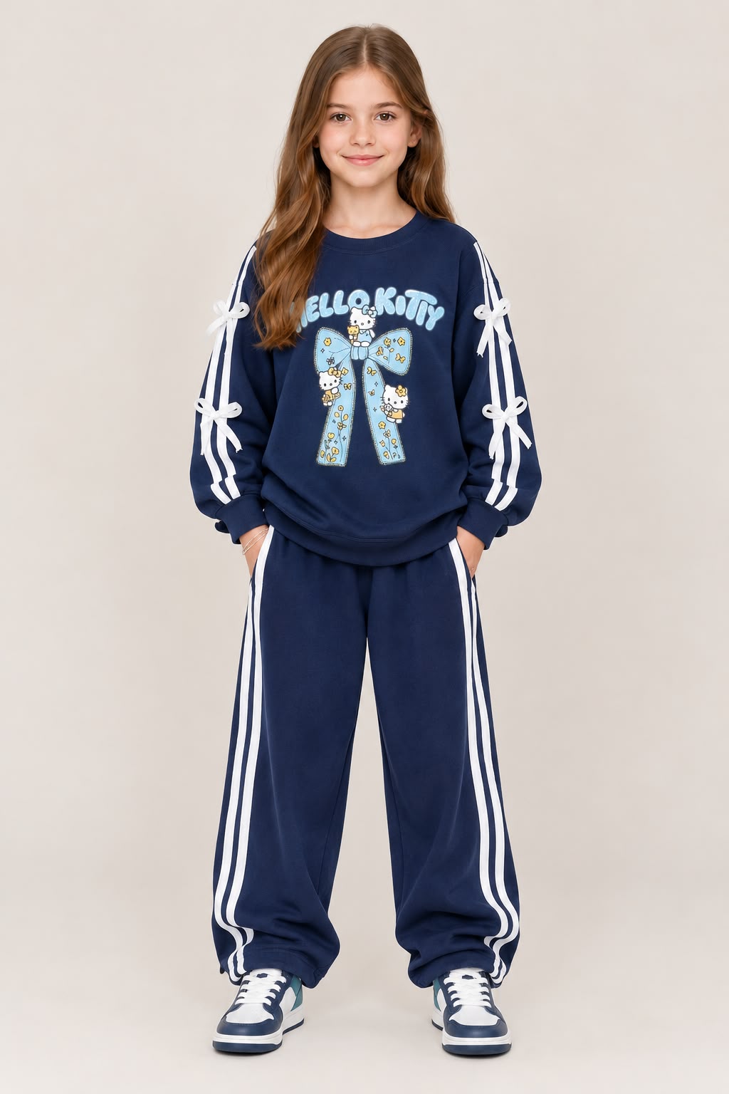 Girls Hello Kitty Bow Printed Sweatshirt & Wide-Leg Trouser Set