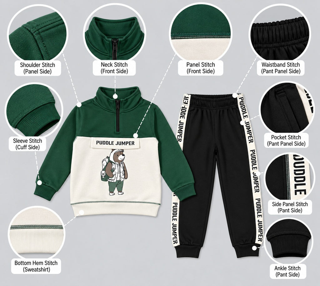 Kids "Puddle Jumper" Half-Zip Tracksuit | Boys Green & Black Bear Outfit