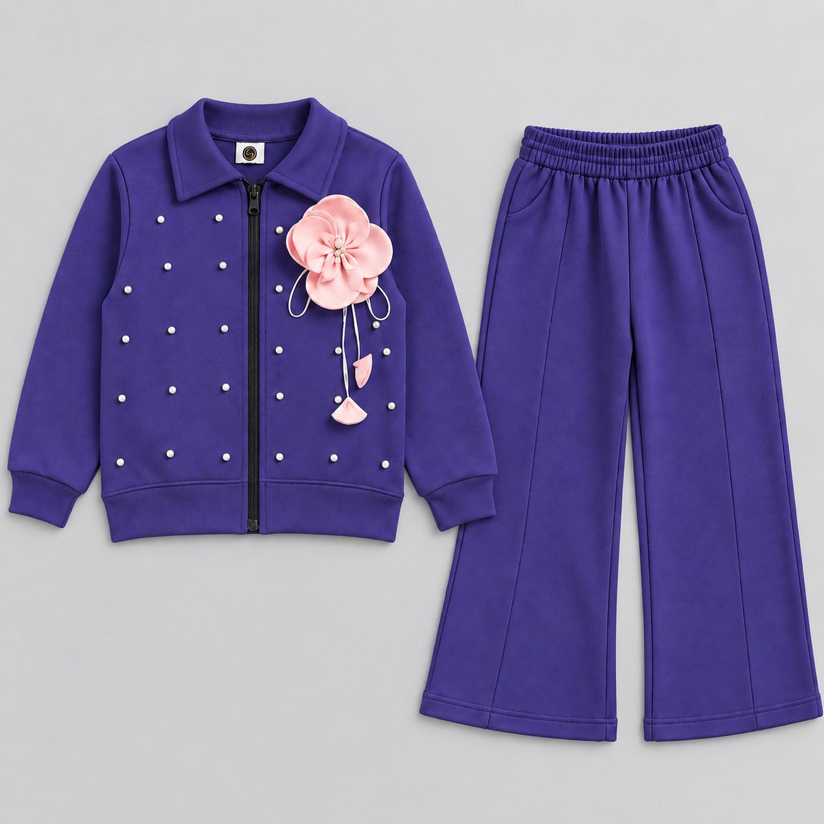 Girls Black 2-Piece Tracksuit Set with Pink Flower Detail