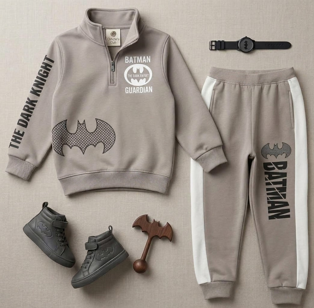 Kids Batman Half-Zip Tracksuit | Boys Taupe Superhero Fleece Outfit