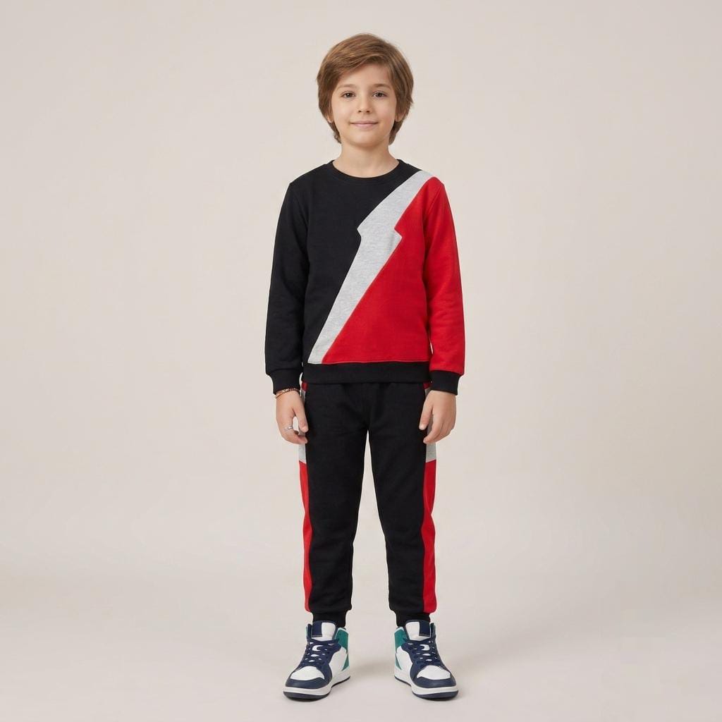 Chhotu's Club Lightning Bolt Sweatshirt & Jogger Set | Boys Black, Yellow Red & Grey Fleece Tracksuit